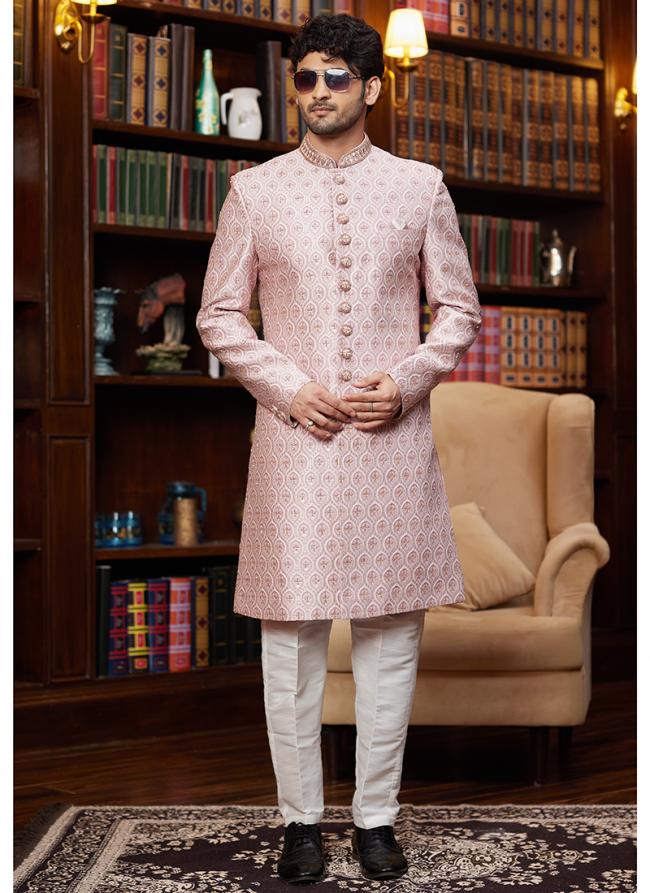 Jacquard Silk Light Pink Wedding Wear Hand Work Readymade Sherwani